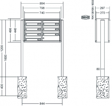 RENZ Briefkastenanlage freistehend, RS4000, Kastenformat 370x110x270mm, 7-teilig, zum Einbetonieren